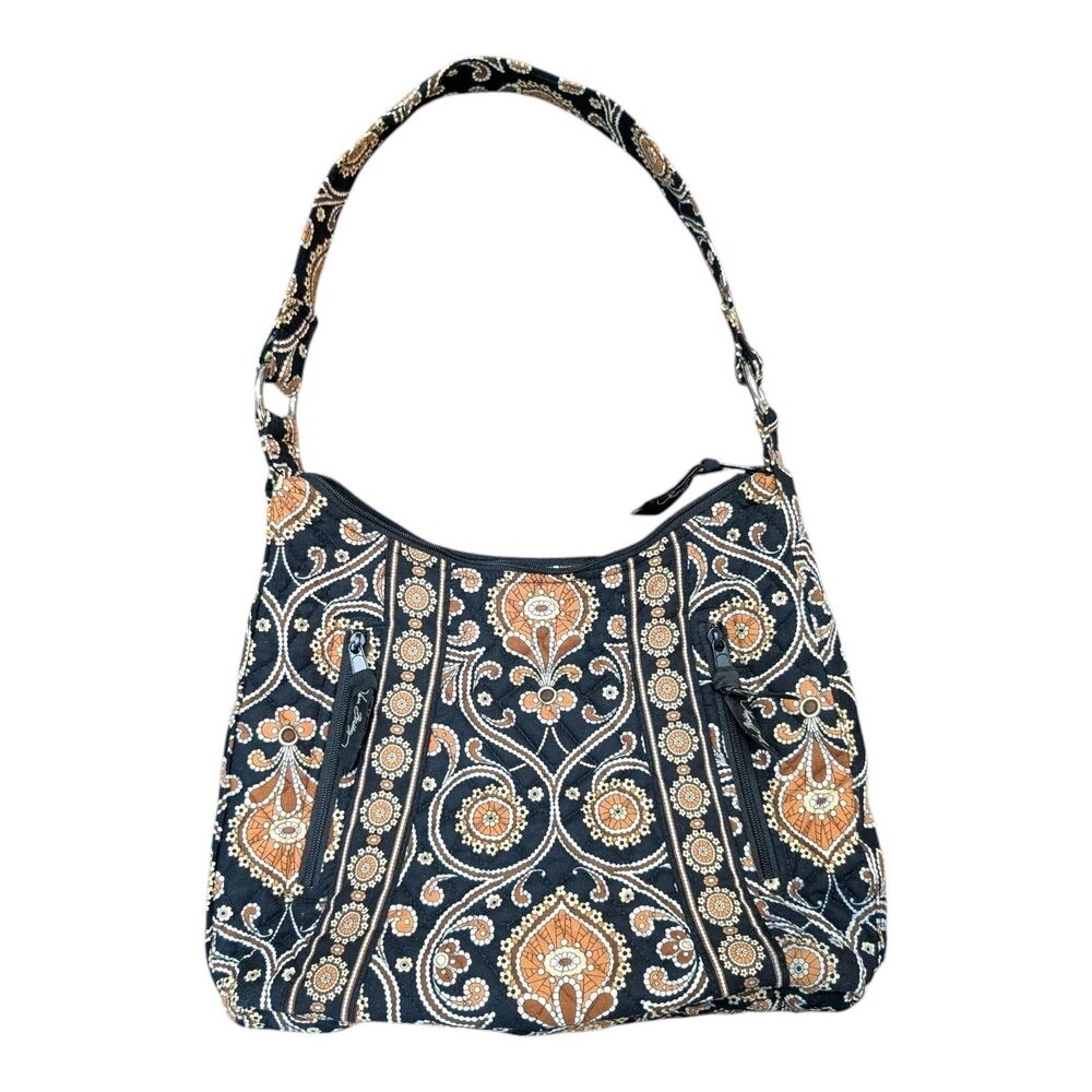Vera Bradley Lisa B Carnaby Quilted Shoulder Bag Hobo Purse Black Brown Boho EUC